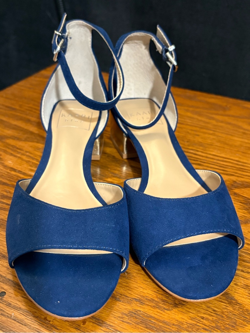 Kaari Blue Royal Blue Ankle Strap Gold Block Heel Sandals Size 6